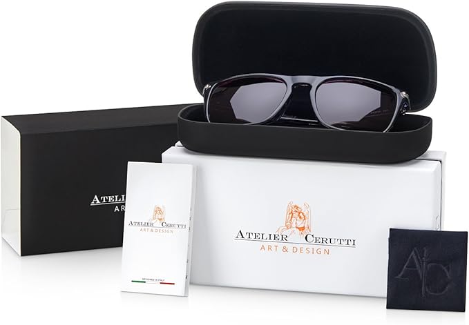 Atelier Cerutti ELEGANCE sunglasses with branded packaging, an open hard case and accessories.